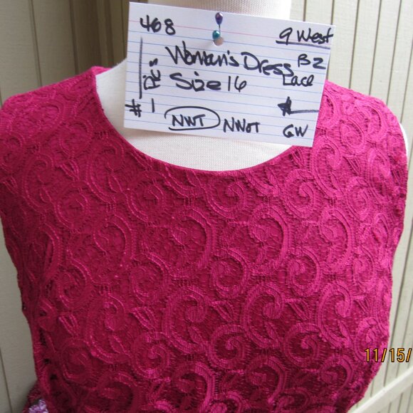 #468 NEW WOMAN'S RED LACE SHEATH DRESS BY NINE WEST (SIZE 16) - Picture 2 of 4